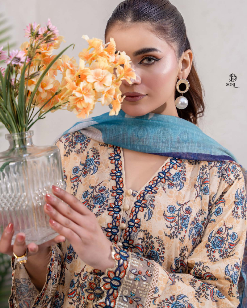 Mustard Blue Slub Dhanak Embroidered 3 Piece Suit with Twill Shawl - Image 4