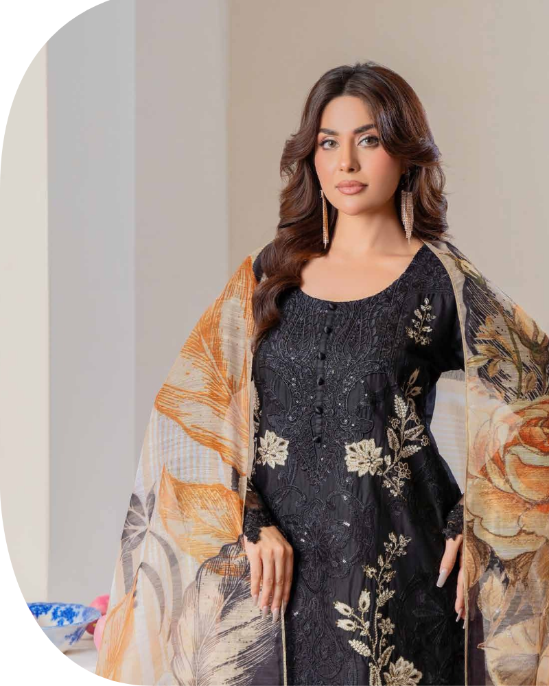 Midnight Black Luxury Lawn Suit with Contrast Beige Embroidery - Image 2