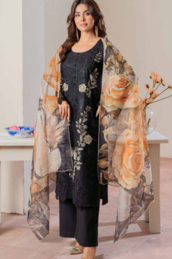 Midnight Black Luxury Lawn Suit with Contrast Beige Embroidery