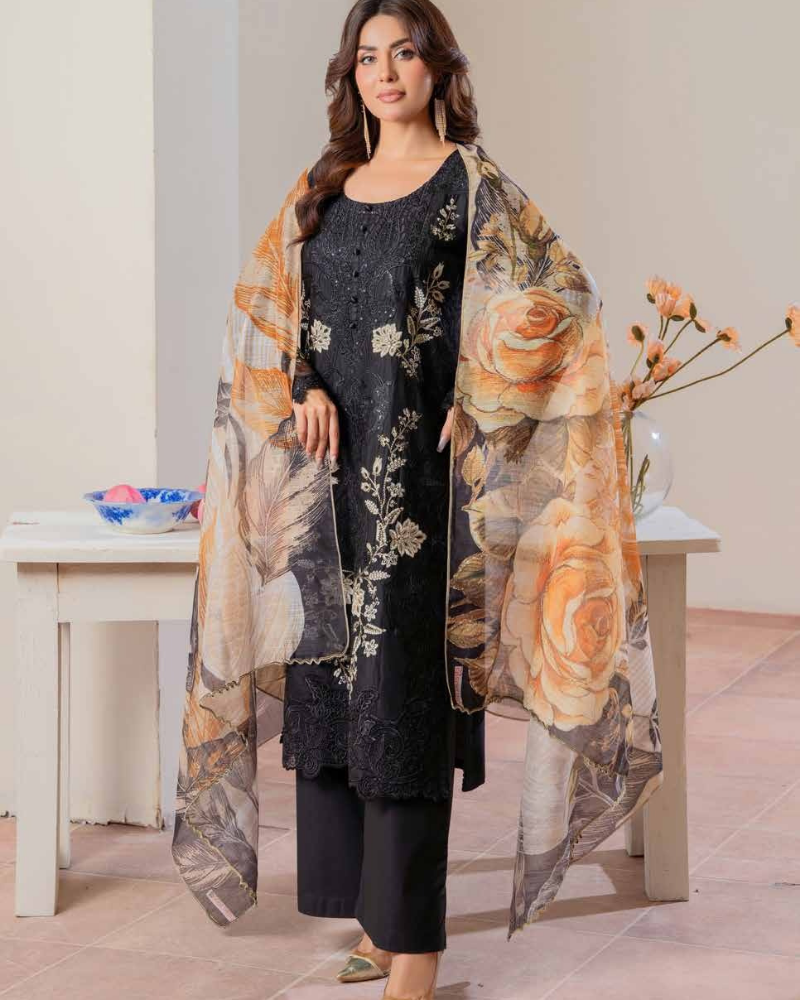 Midnight Black Luxury Lawn Suit with Contrast Beige Embroidery