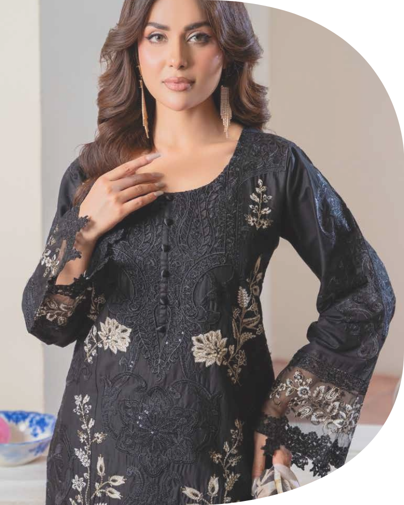Midnight Black Luxury Lawn Suit with Contrast Beige Embroidery - Image 3