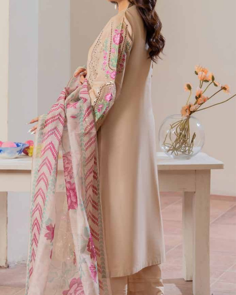 Elegant Sand Beige Embroidered Lawn Suit with Geometric Print Dupatta - Image 3