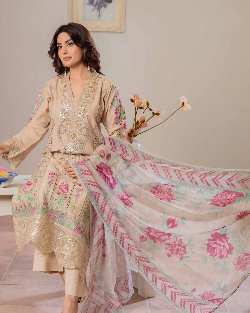 Elegant Sand Beige Embroidered Lawn Suit with Geometric Print Dupatta - Image 4