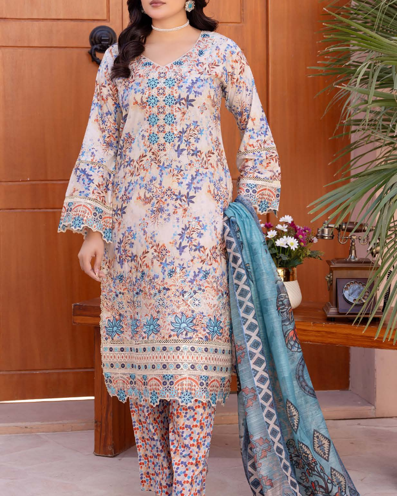 Ivory & Azure Blue Printed Luxury Lawn Suit with Intricate Borders - Image 3