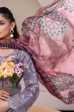 Alternative view of Grey Pink Slub Dhanak Embroidered 3 Piece Suit with Twill Shawl