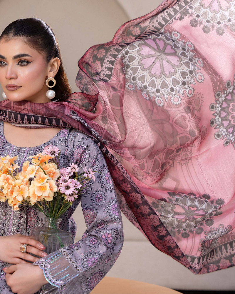 Grey Pink Slub Dhanak Embroidered 3 Piece Suit with Twill Shawl - Image 2