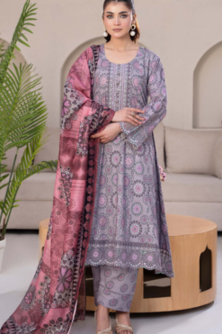 Grey Pink Slub Dhanak Embroidered 3 Piece Suit with Twill Shawl