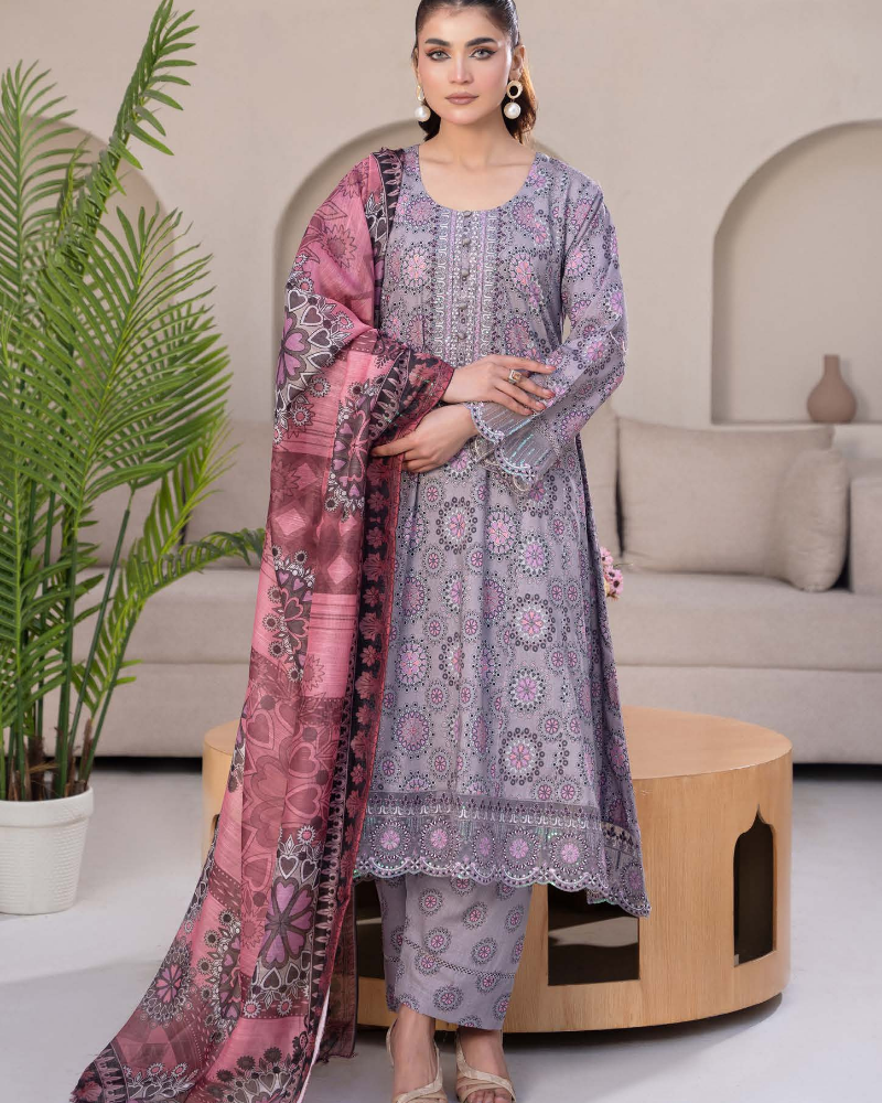 Grey Pink Slub Dhanak Embroidered 3 Piece Suit with Twill Shawl