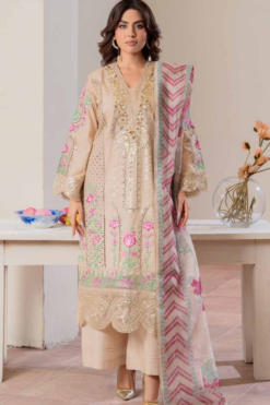 Elegant Sand Beige Embroidered Lawn Suit with Geometric Print Dupatta
