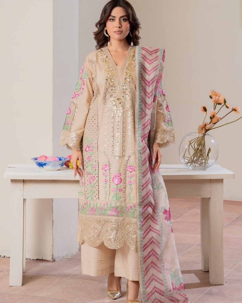 Elegant Sand Beige Embroidered Lawn Suit with Geometric Print Dupatta