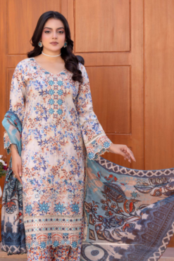 Ivory & Azure Blue Printed Luxury Lawn Suit with Intricate Borders