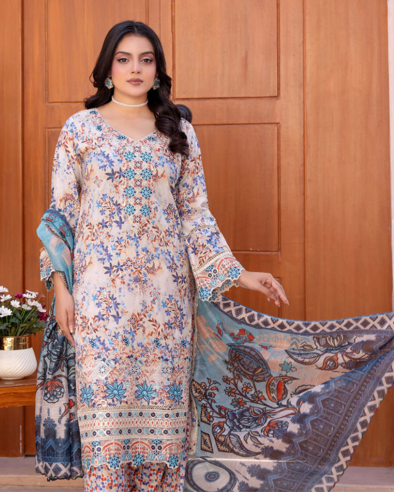 Ivory & Azure Blue Printed Luxury Lawn Suit with Intricate Borders