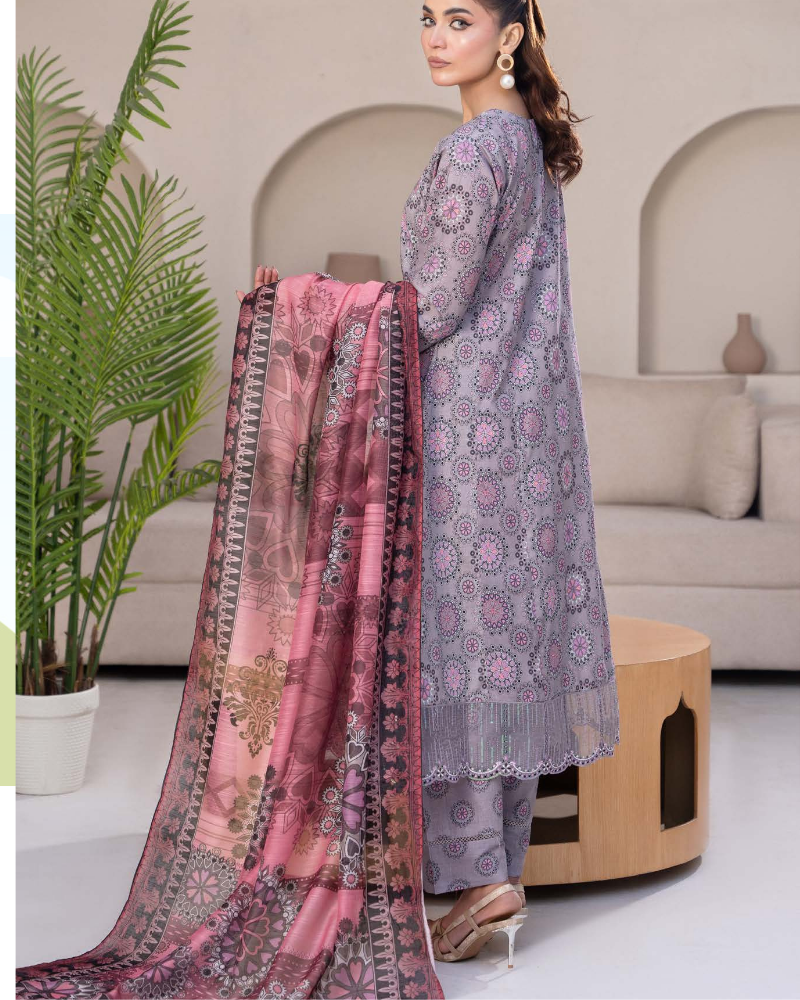 Grey Pink Slub Dhanak Embroidered 3 Piece Suit with Twill Shawl - Image 3