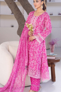 Alternative view of Pink Slub Dhanak Embroidered 3 Piece Suit with Shawl
