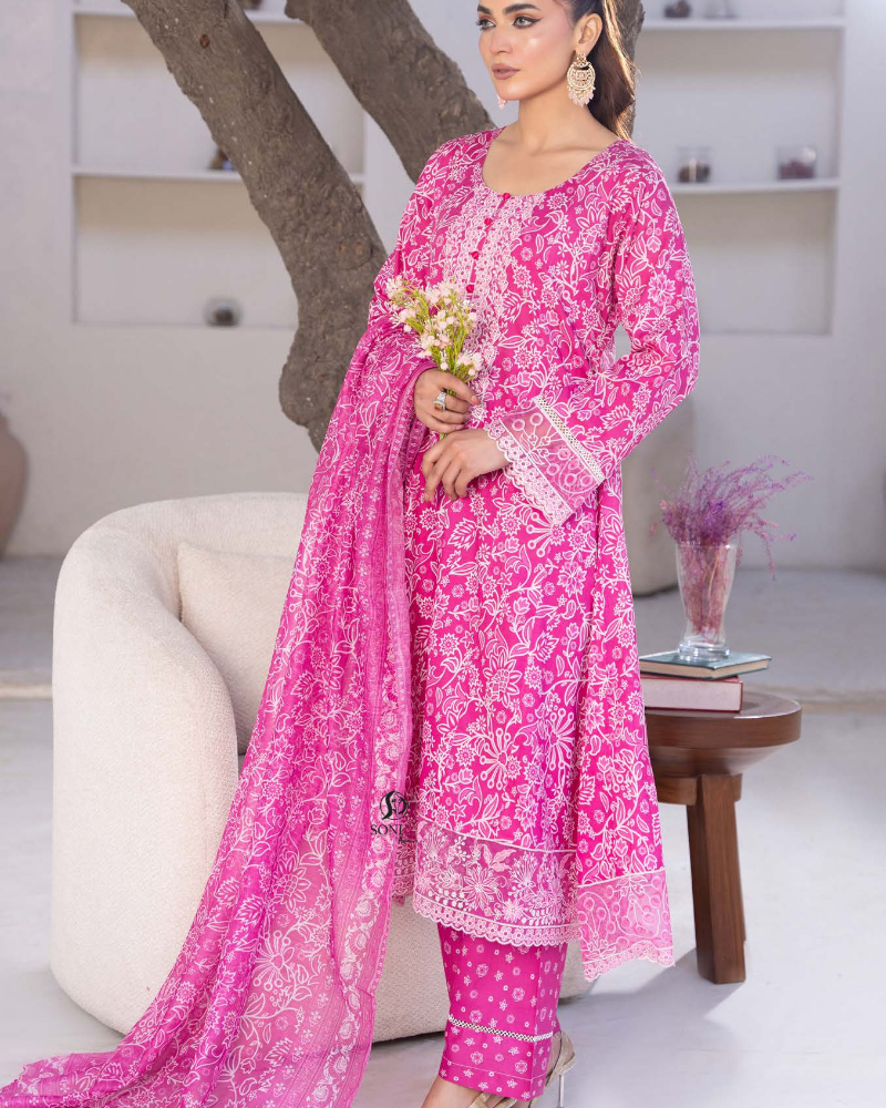 Pink Slub Dhanak Embroidered 3 Piece Suit with Shawl - Image 2