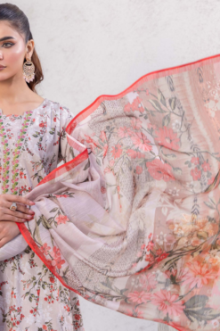 Alternative view of Beige Floral Slub Dhanak 3 Piece Embroidered Suit with Twill Shawl