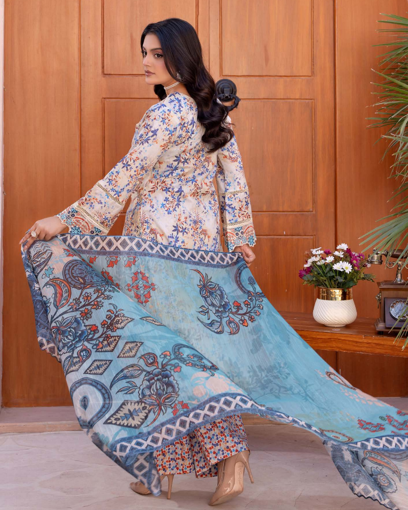 Ivory & Azure Blue Printed Luxury Lawn Suit with Intricate Borders - Image 4